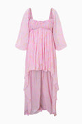 Light pink striped high-low dress with smocked bodice, off-shoulder neckline, flowy sleeves