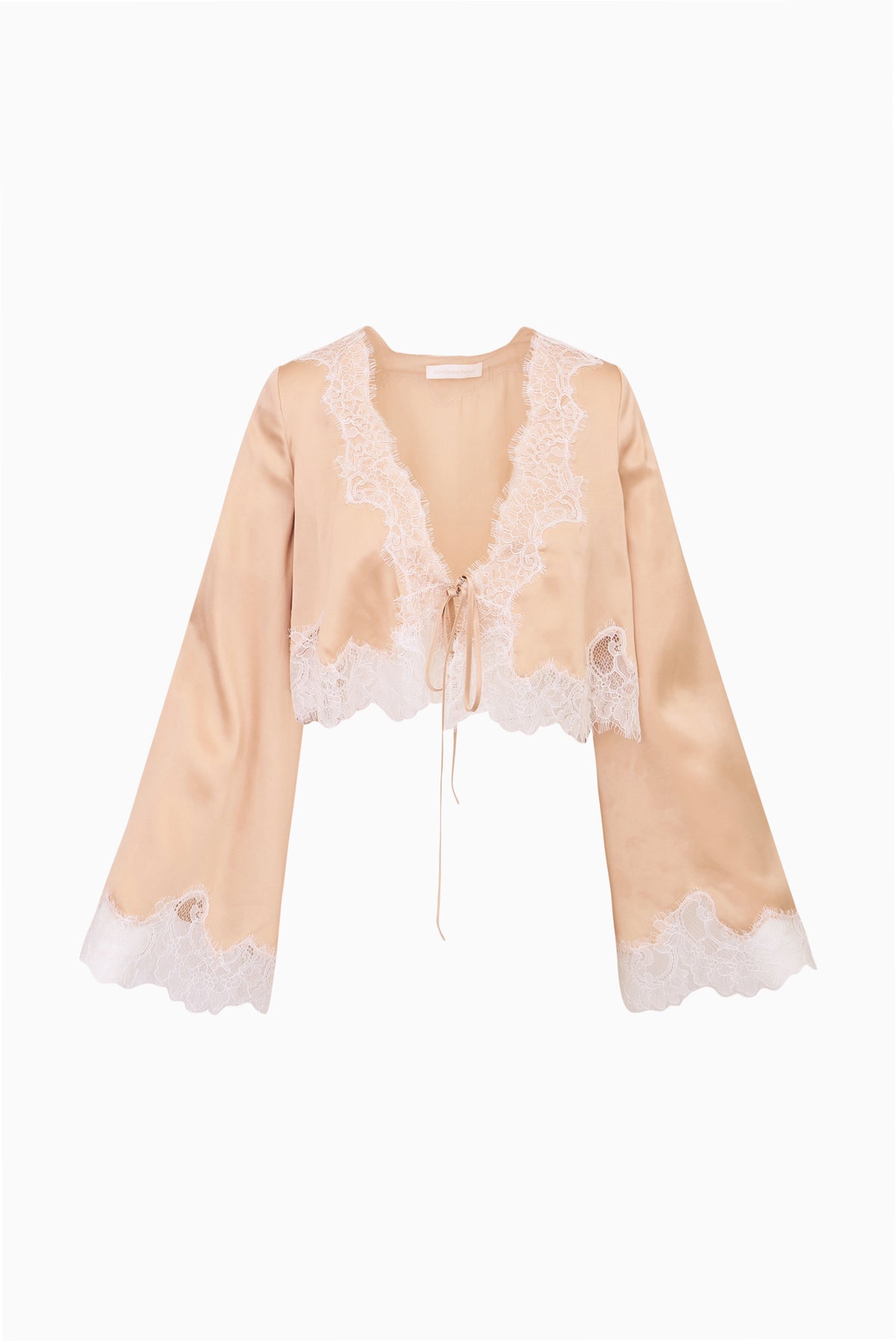 Silk-blend top with lace yoke, V-neck, and tie front; long sleeves