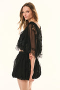 Black bubble skirt with gathered waist and short flared silhouette