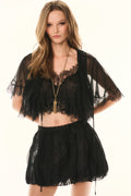 Black lace cropped blouse with scalloped neckline and sheer fringe sleeves