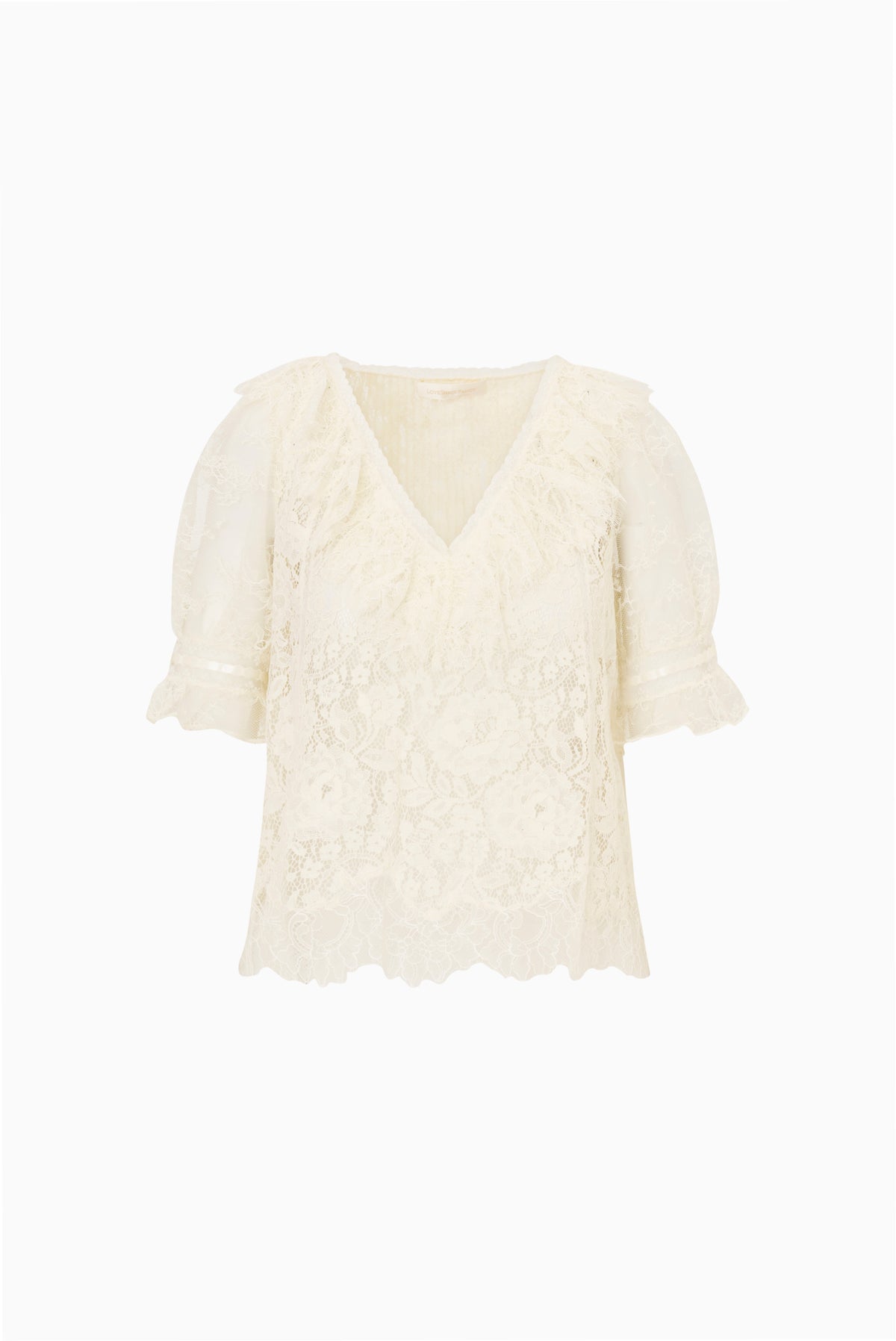 Alabaster sheer lace V-neck top with short sleeves, front view