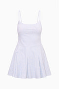 Light blue tennis print active dress with spaghetti straps and flared skirt