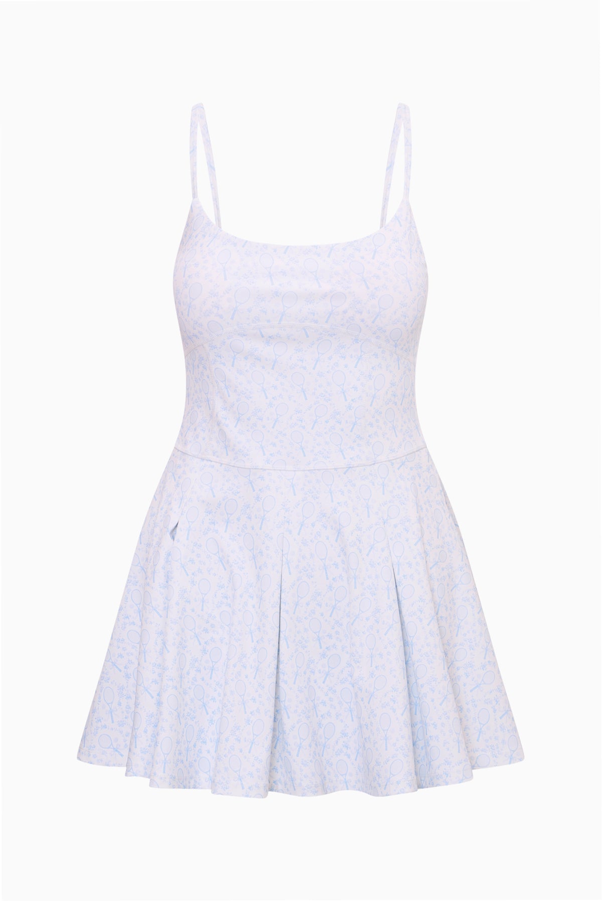 Light blue tennis print active dress with spaghetti straps and flared skirt