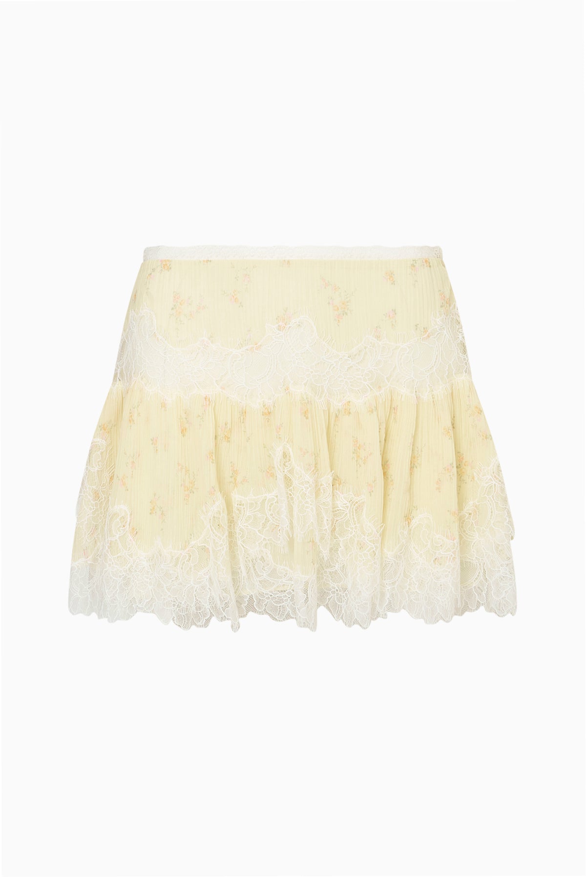 Kellison light yellow lace mini skirt, flat lay with scalloped tiered hem