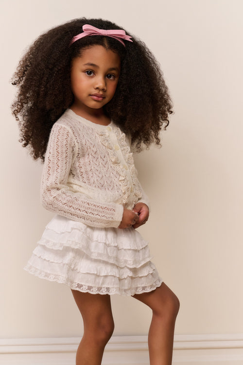 Girls alpaca-wool cardigan, white knit texture with detailed vertical front