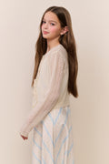 Pointelle knit cardigan for tweens, light cream, side view with round neckline