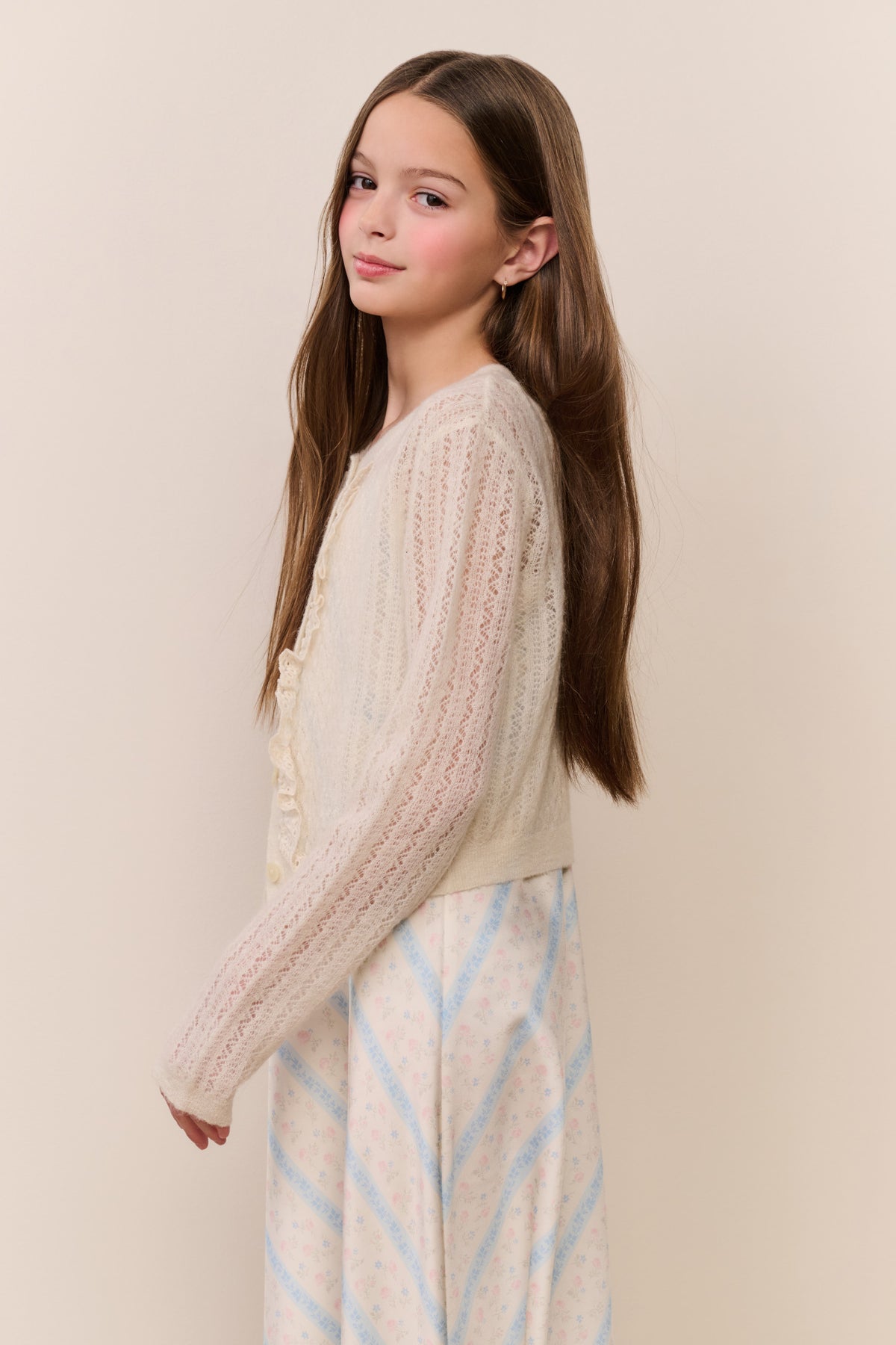 Pointelle knit cardigan for tweens, light cream, side view with round neckline