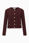 Tween cable-knit cardigan in dark red with gold button front and long sleeves