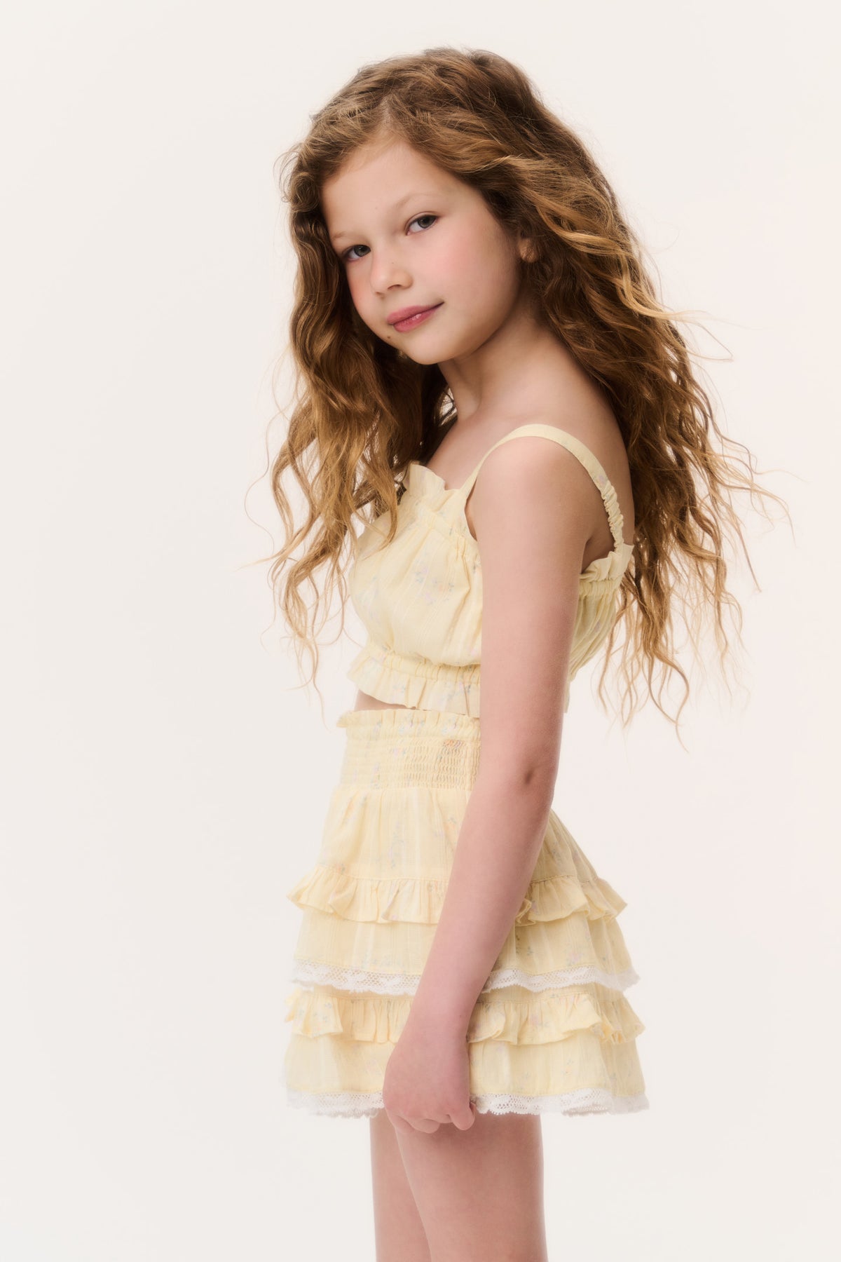 Girls ditsy floral ruffle sleeveless top, lemon yellow tiered design