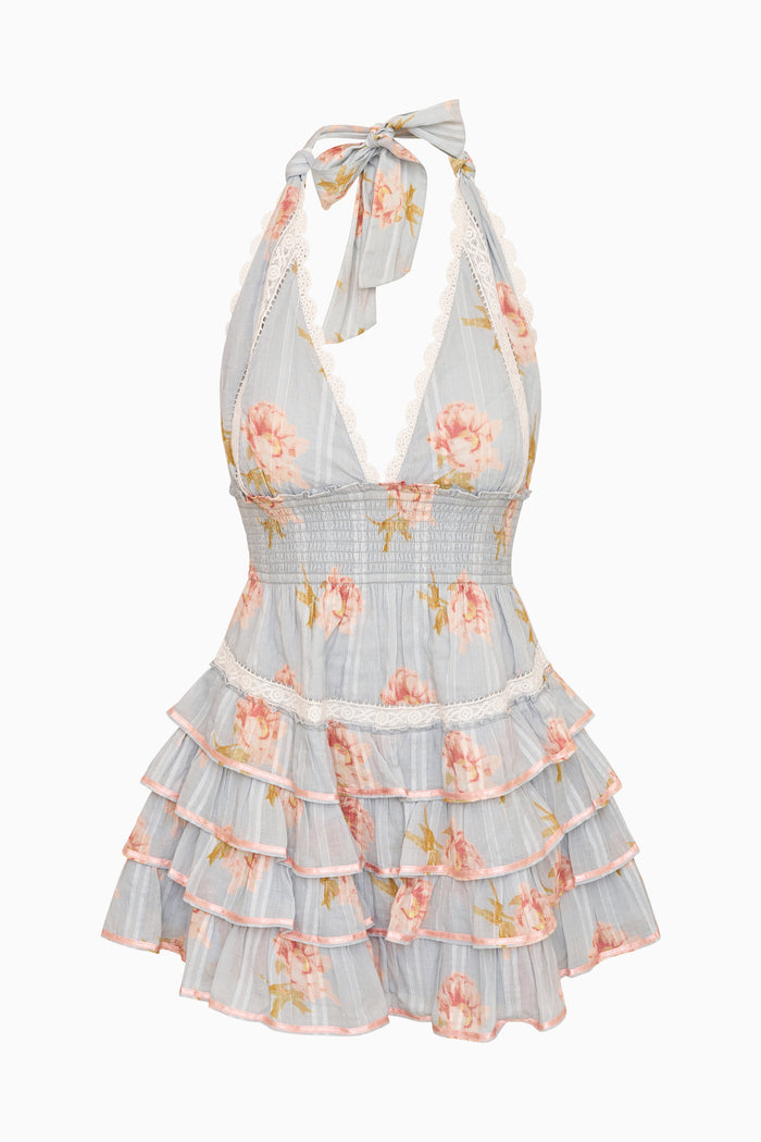 Cotton peony print mini dress with ruffled tiers, light blue and coral accents