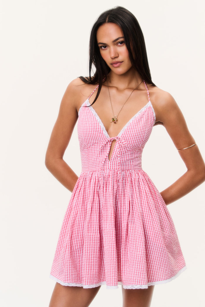 Pink gingham cotton mini dress with V-neck halter tie, fitted bodice, and flared skirt