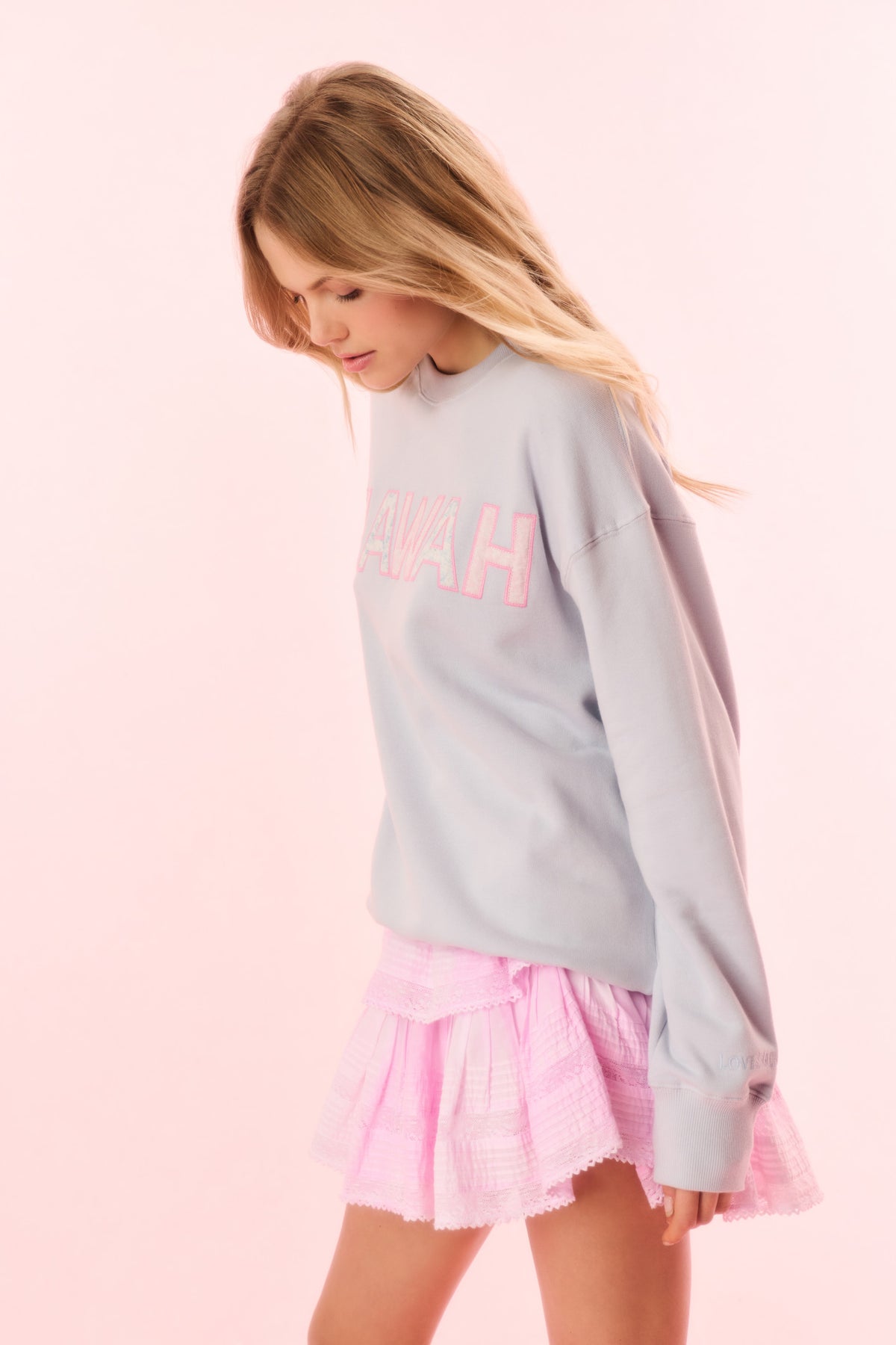 Light blue crewneck pullover sweatshirt with partial pink “HAMPTON” graphic