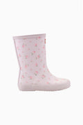 Kids classic rain boot with floral print and thick rubber sole edge.