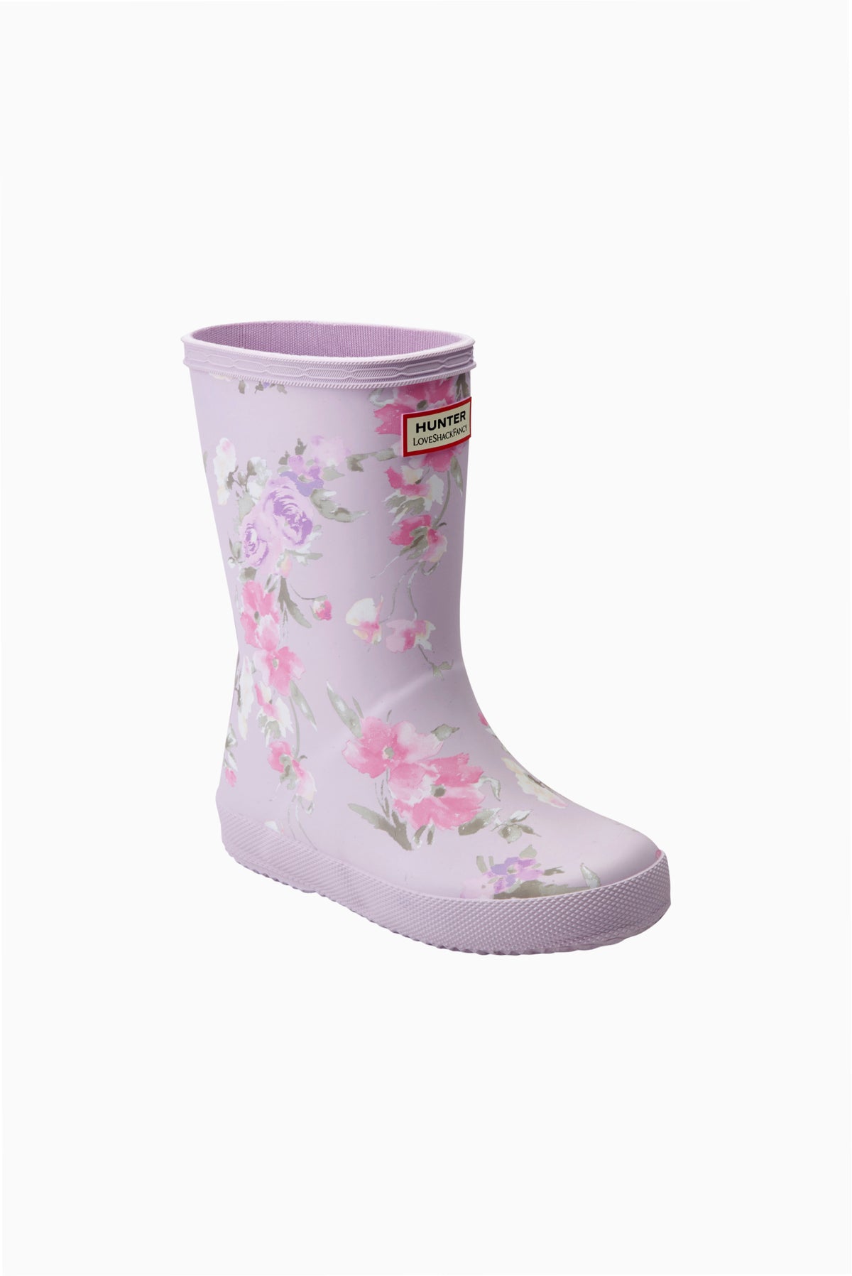 Kids rain boot in light lavender with pink and green floral pattern.
