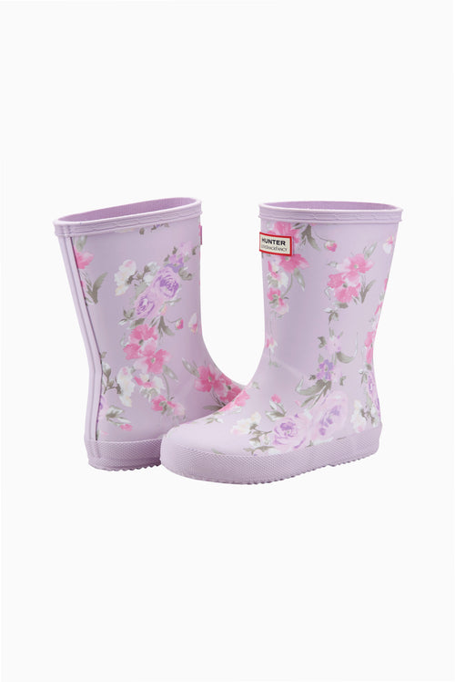 Pair of kids classic rain boots in light lavender with pink floral pattern.