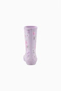 Kids classic rain boot in light lavender with small pink floral print.