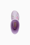 Kids rain boot front view with purple interior lining and Hunter logo patch.