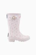 Kids short rain boot in white with pink floral print, side view with buckle