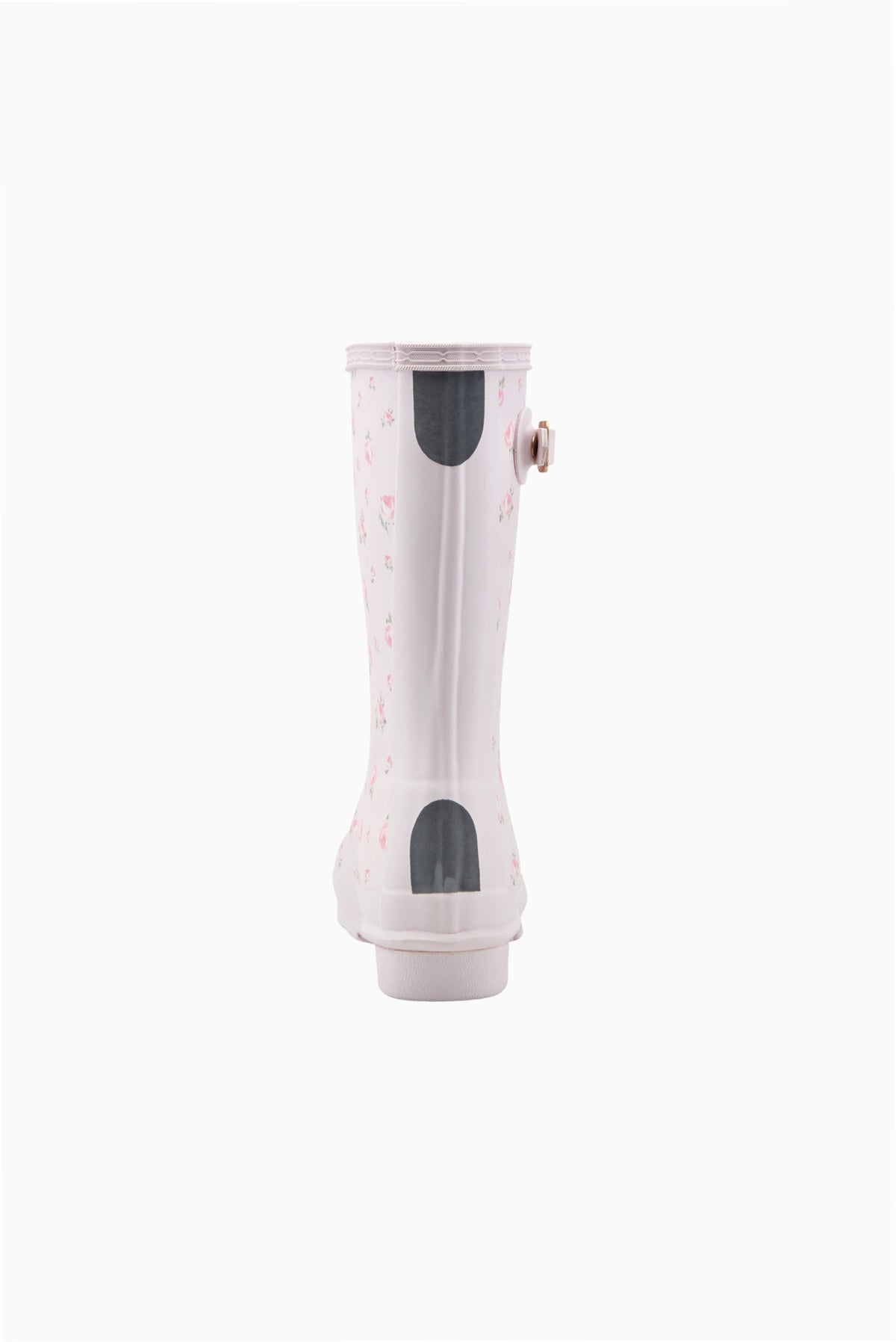 Kids short rain boot in white with pink floral print and dark heel panels