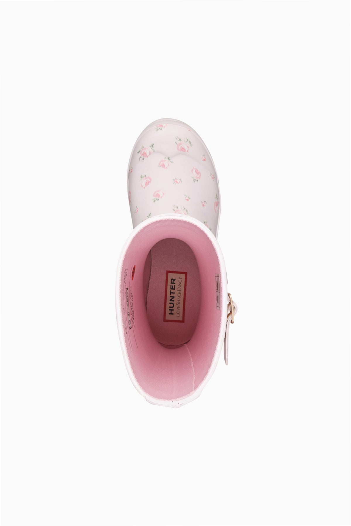 Kids short rain boot in white with pink floral print, open top view