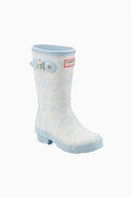 Kids short rain boot in light blue with printed pattern, side buckle