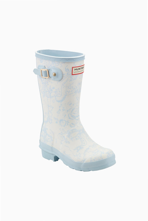 Kids short rain boot in light blue with printed pattern, side buckle