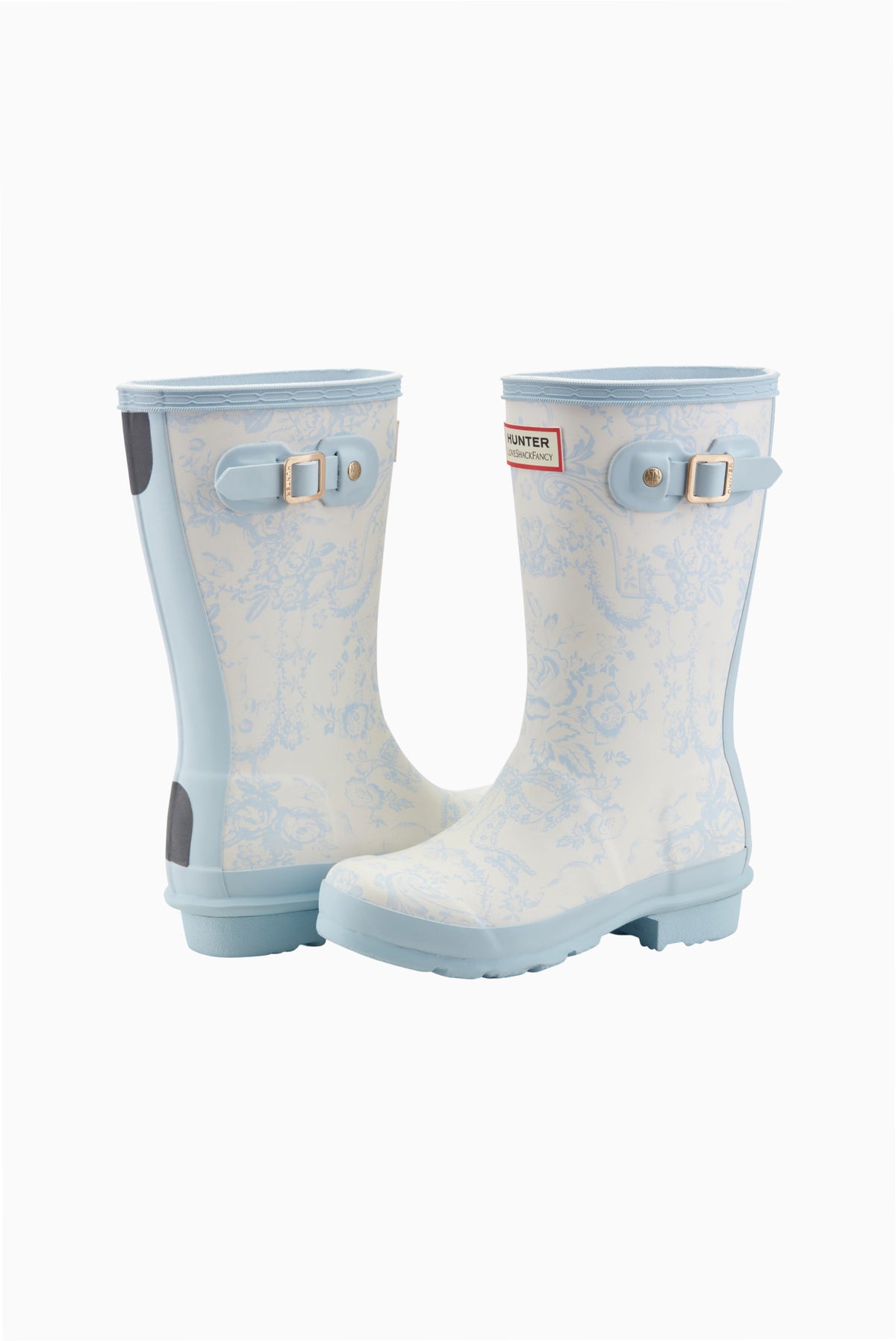 Kids short rain boots by Hunter x LoveShackFancy, light blue toile print
