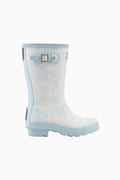 Kids short rain boot in light blue with printed pattern, side view
