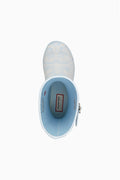 Kids short rain boot in light blue with printed pattern, open top showing Hunter tag