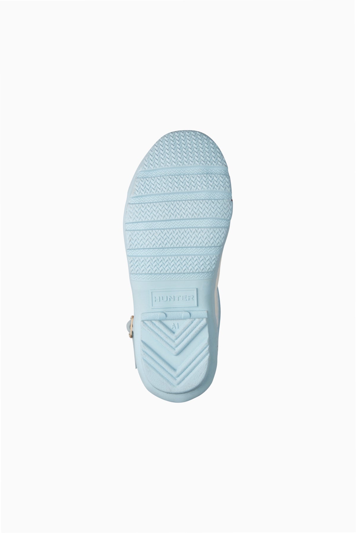 Kids short rain boot outsole in light blue, textured tread