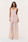 Sheer pink floral maxi dress with lace-trimmed bodice and tiered skirt
