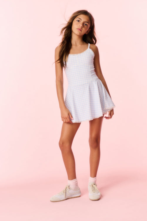 Girls blue gingham active dress with scalloped neckline and ruffle hem, sleeveless