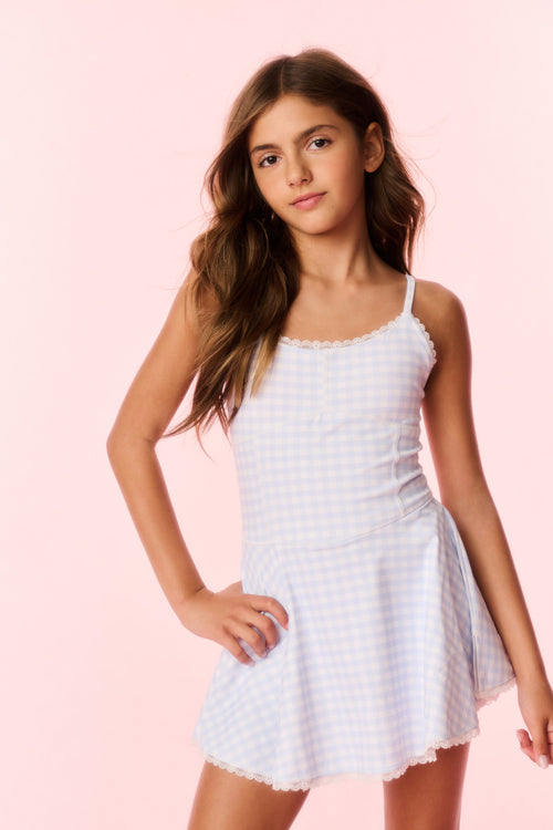 Girls blue gingham sleeveless dress with scalloped edges and flared skirt