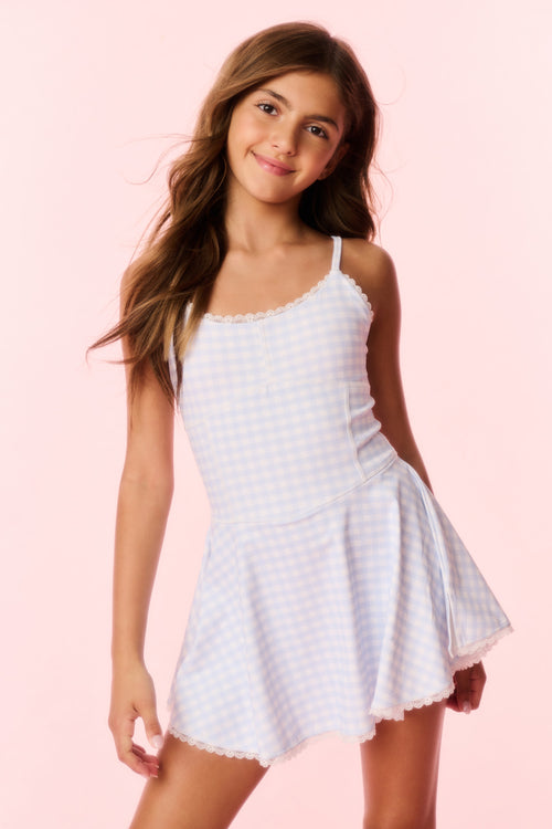 Girls blue gingham sleeveless dress, scalloped trim and flared ruffle hem