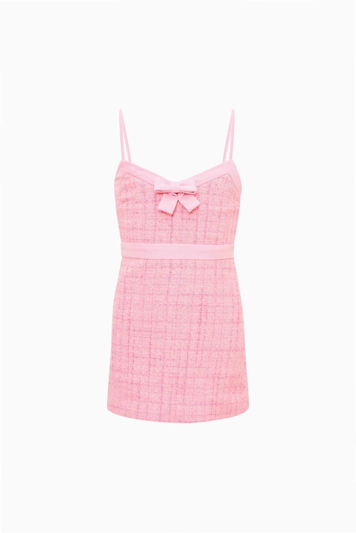 Pink tweed sleeveless dress with bow front and thin straps