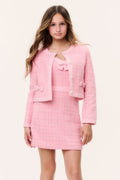 Girls' pink tweed cropped jacket with button front and bow flap pockets