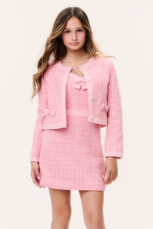 Girls' pink tweed cropped jacket with button front and bow flap pockets