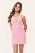 Pink tweed sleeveless dress with bow at scoop neckline and spaghetti straps
