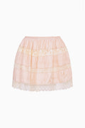Petal peach silk mini skirt, tiered with lace hem