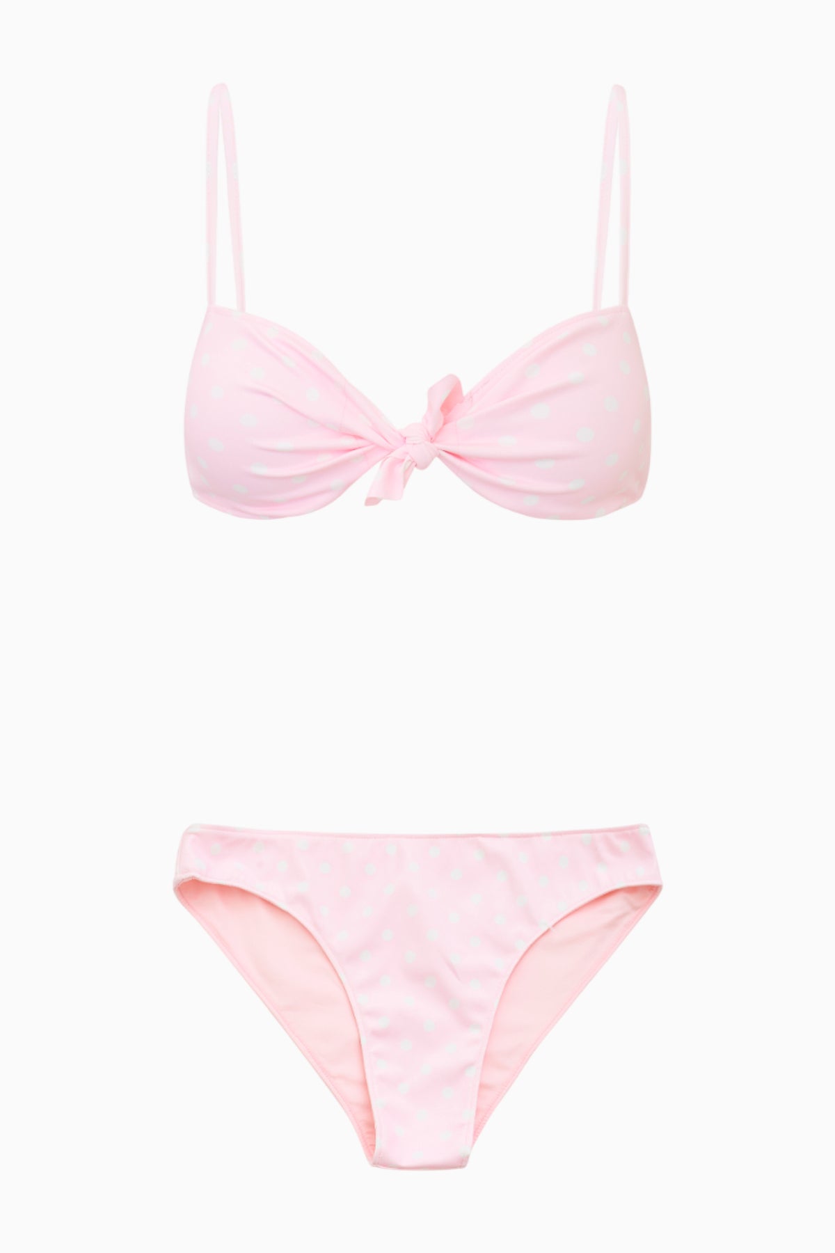 Shell pink polka-dot bikini set with knotted cups and matching high-cut briefs