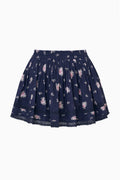 Navy floral cotton skirt with gathered elastic waist and tiered ruffled hem