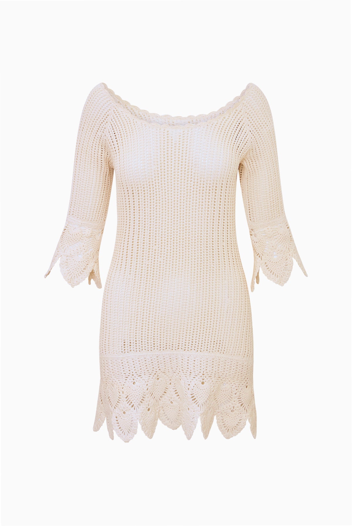 Ivory crochet mini dress with boat neckline and scalloped hem, fitted sleeves