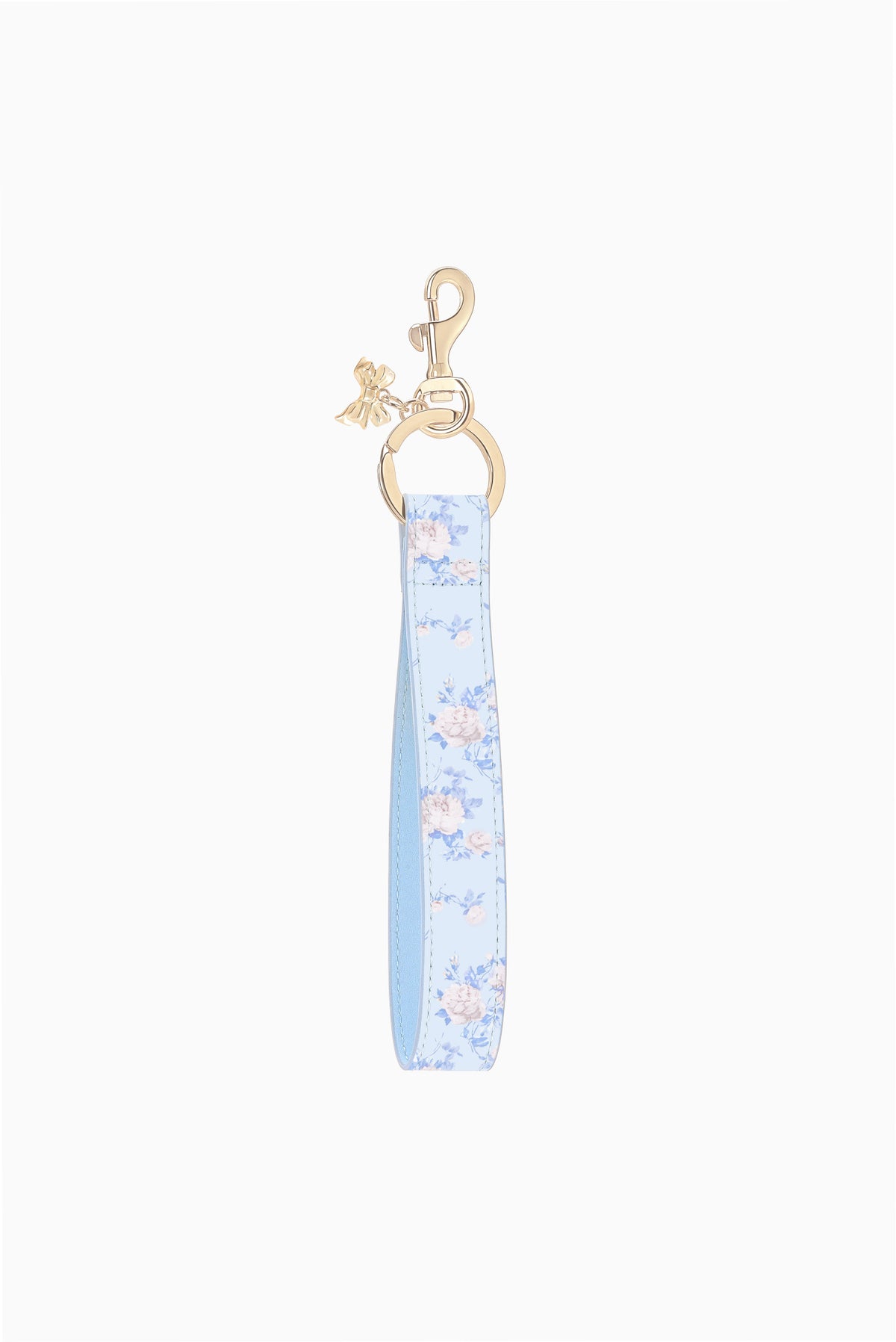 Keychain strap with light-blue floral rosette print and gold top clasp