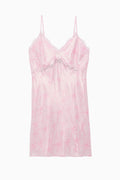 Pink lace-trim satin mini slip dress with thin spaghetti straps
