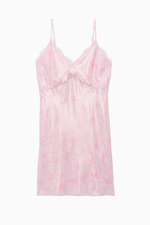 Pink lace-trim satin mini slip dress with thin spaghetti straps