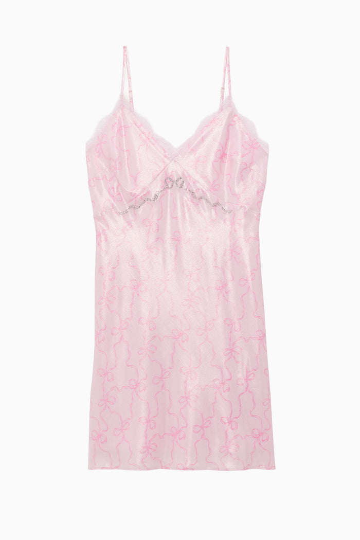 Pink lace-trim satin mini slip dress with thin spaghetti straps