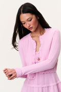 Stretch pointelle cardigan in candy floss pink, long sleeves, button-front detail