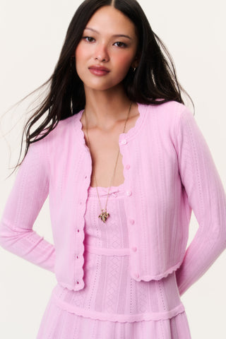 Stretch pointelle cardigan in candy floss pink, button-front and scalloped edges