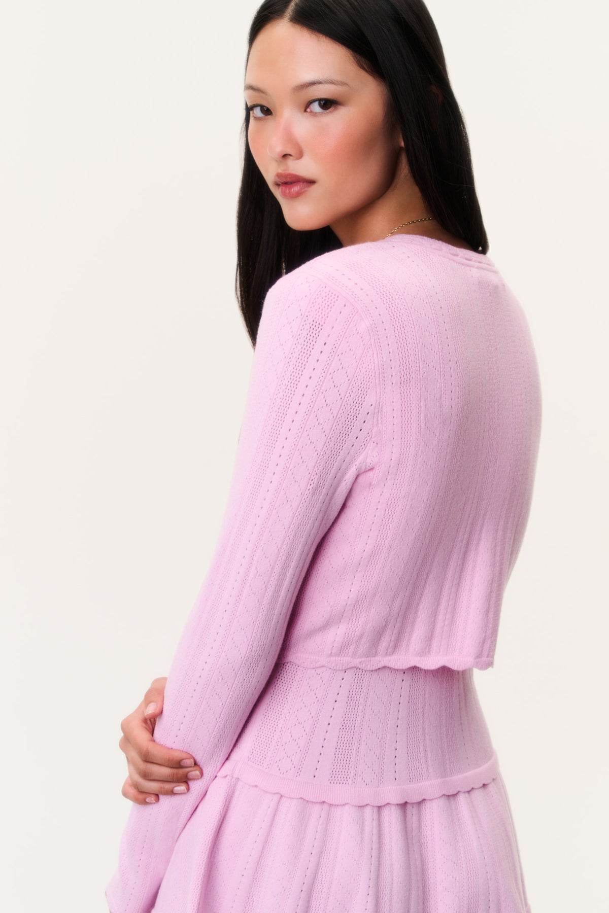 Stretch pointelle cardigan in candy floss pink, long-sleeve back view