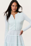 Stretch pointelle cardigan in dusty lagoon, button-front and pointelle texture